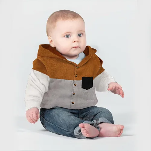 Vista 2 de TITKKOP Ropa de otoño e invierno para niño pequeño, sudadera con botones de pana, sudadera con bloque de color, bolsillo parcheado, abrigo