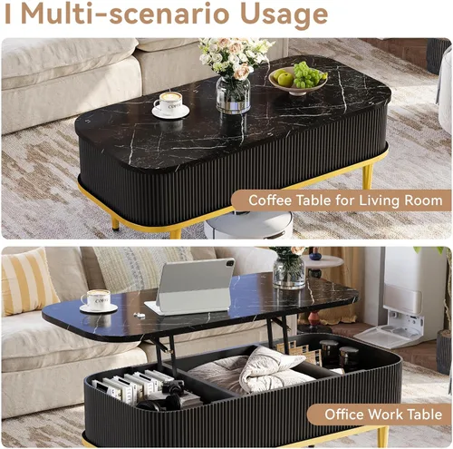 Vista 8 de Mesas de centro rectangulares para sala de estar, moderna mesa de centro acanalada con almacenamiento, mesa de centro pequeña, mesa central ovalada