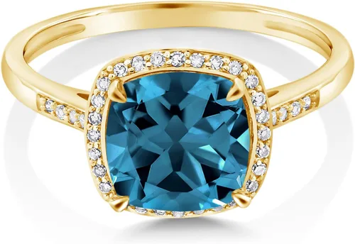 Vista 3 de Gem Stone King Anillo de compromiso de oro amarillo de 10 quilates con topacio azul Londres y diamantes para mujer