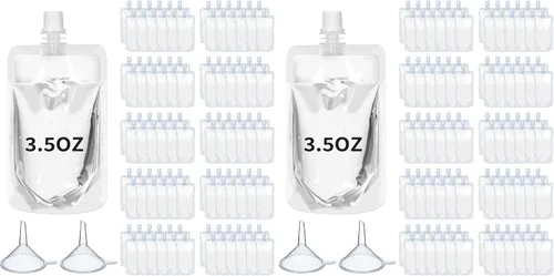 Vista 19 de 100 bolsas de plástico reutilizables a granel, bolsas de plástico transparente a prueba de fugas para jugos con embudo para suministros de fiesta