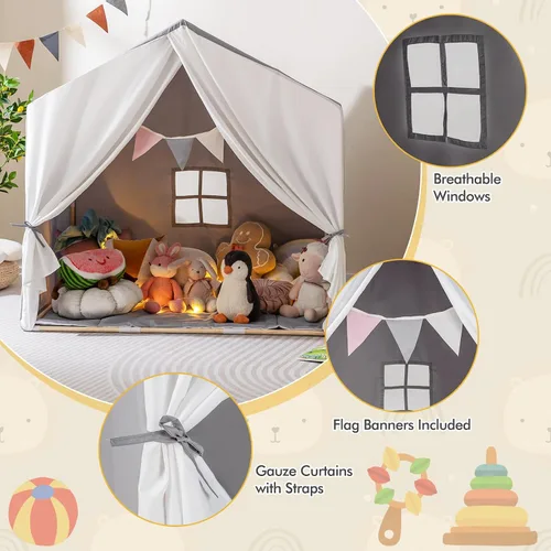 Vista 4 de Costzon Large Kids Tent with Mat, Children's Play Tent w/Flag Banner, Windows, Gauze Curtain, Solid Wood Frame, Indoor Outdoor Kids Playhouse for