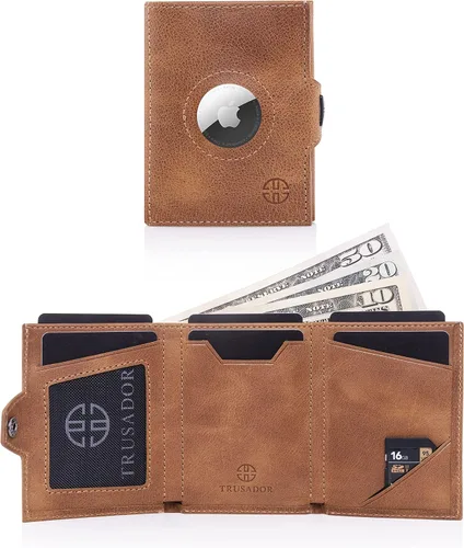 Vista 3 de TRUSADOR Verona - Cartera unisex de piel con bolsillo frontal, Coñac, Soporte para monedas y Airtag