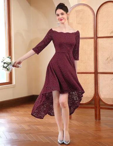 Vista 4 de Dressystar - Vestido de encaje para mujer, vestido asimétrico con vuelo y hombros descubiertos ideal para cóctel, dama de honor, fiesta formal