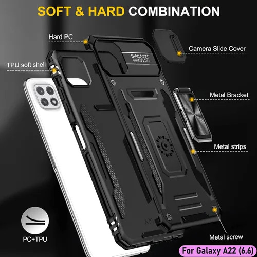 Vista 3 de Funda resistente para Samsung Galaxy A22 (5G), protector híbrido de goma de doble capa de grado militar con protector de cámara deslizante, soporte