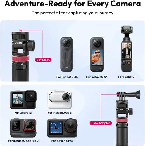 Vista 4 de ULANZI MT-71 Trípode selfie stick y mango de vlog con liberación rápida magnética y tornillo de 1/4 pulgadas, soporte de trípode ligero extensible