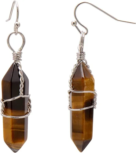 Vista 57 de Pendientes de cristal de punta envuelta en alambre de piedra pulida para mujer Reiki Energy Healing