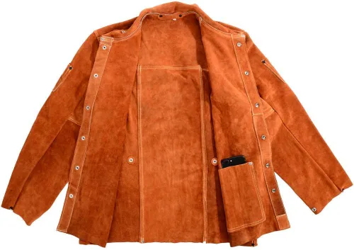 Vista 6 de QeeLink Chaqueta de trabajo de soldadura de cuero con delantal de pierna dividida, resistente al fuego, resistente al fuego, chaquetas de soldador
