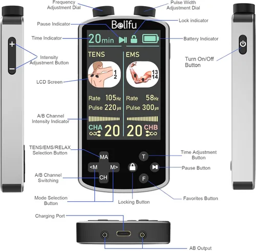 Vista 6 de TENS EMS - Estimulador muscular para terapia de alivio del dolor - TENS 4 en 1 y EMS y relajación y frecuencia personalizada+pulso - Masajeador