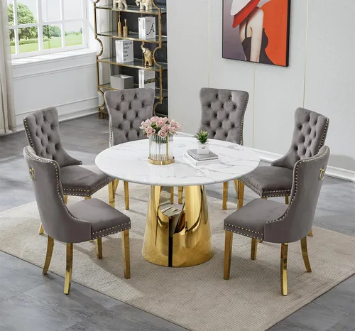 Vista 10 de SSLine Mesa de comedor redonda de mármol sintético blanco para 4-6, mesa de Mesa de oro blanco