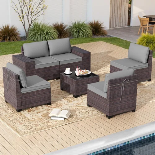 Vista 9 de Gotland Juego de muebles de patio de 6 piezas con 1 mesa auxiliar, 5 plazas de ratán seccional para exteriores con reposabrazos anchos de 29.5 Gris