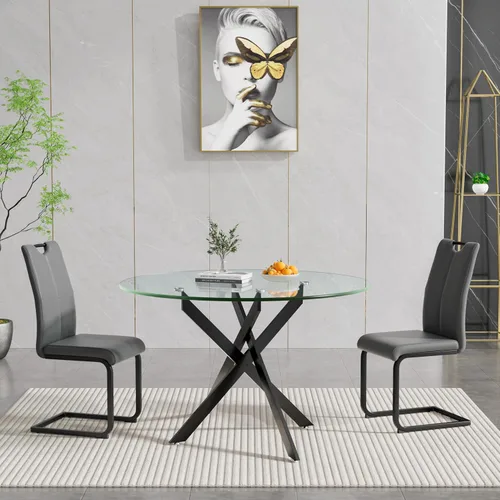 Vista 2 de HomVent Juego de mesa de comedor redonda de vidrio de 3 piezas para 2 con 2 Mesa negra con 2 sillas grises de PU