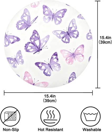 Vista 4 de Butterflies Purple and White Round Christmas placemats placemats Easy to Clean Waterproof Set of 4 15x15 in individuales para mesa de comedor