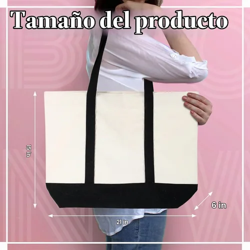 Vista 2 de Sherr Bolsa de lona a granel con bolsillo exterior, 21 pulgadas, bolsas de playa grandes de algodón con cremallera, bolsas de compras lavables