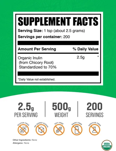 Vista 2 de BulkSupplements.com Polvo de Inulina Orgánica - Suplemento de Inulina, Polvo de Fibra Soluble - Vegano y Sin Gluten - 2.5g por Porción, 500g