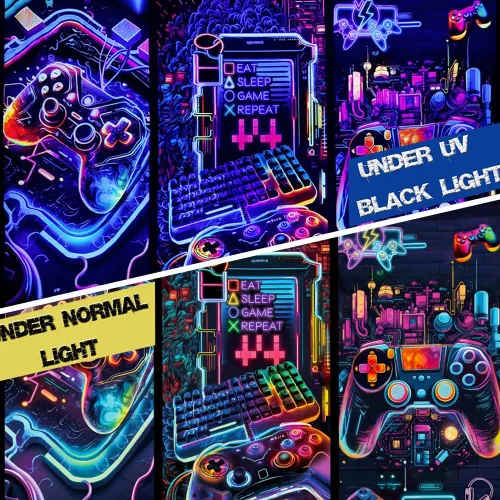 Vista 5 de Galoker Tapiz de luz negra para juegos, tapiz de controlador de juego de neón genial, tapiz reactivo a los rayos UV, tapices de pared para jugadores