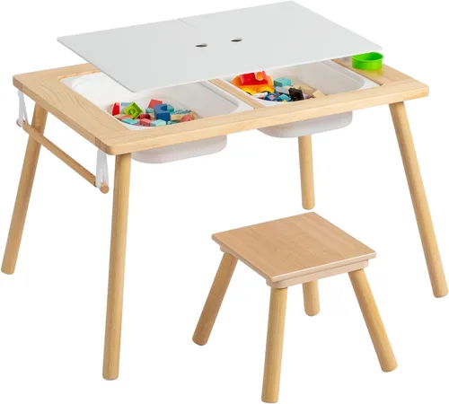 Vista 6 de Juego de mesa y sillas de madera, mesa de actividades con taburete, 2 contenedores de almacenamiento y soporte para rollos de papel, mesa de comedor