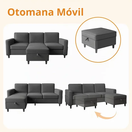 Vista 6 de Sofá seccional y sofás para sala de estar, sofá de 3 asientos gris oscuro de 3 asientos en forma de L con otomana de almacenamiento, sofás