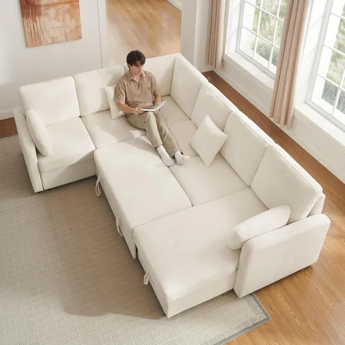 Vista 2 de Sofá Seccional Cama de 111 pulgadas con Cama Extraíble, Sofá Modular de 6 Asientos en Forma de U con Chaise de Almacenamiento, Sofá Seccional