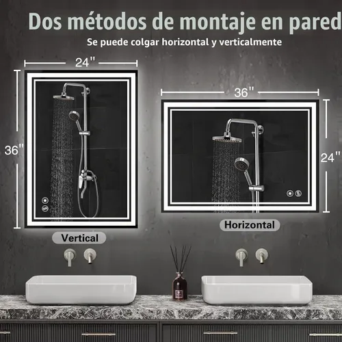 Vista 5 de Paquete de 2 espejos LED de baño de 24 x 36 pulgadas, espejo LED para baño, sin niebla, regulable, 3 colores, espejo de baño con luces, espejo