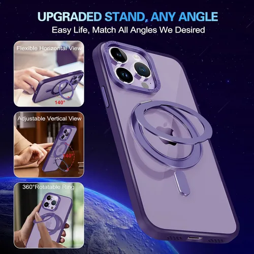 Vista 2 de Funda magnética para iPhone 14 Pro Max compatible con Magsafe, iPhone 14 Pro Max con soporte de anillo giratorio de 360°, bonita funda translúcida
