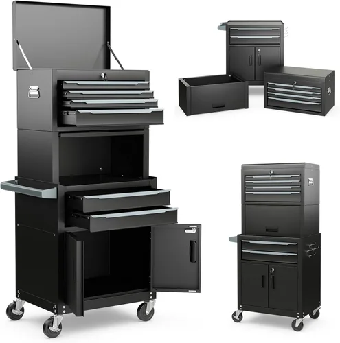 Vista 17 de ERGOMASTER Caja de Herramientas Resistente con Ruedas con Gabinete de 5 Cajones Bloqueables y Gabinete Extraíble para Garaje y Taller - Negro