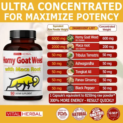 Vista 2 de Vital Herbal Horny Goat Weed Cápsulas para máxima fuerza con raíz de maca, tribulus, Ashwagandha Tongkat Ali Panax ginseng para hombres y mujeres