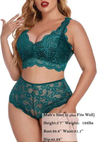 Vista 3 de Avidlove Conjunto de lencería de talla grande para mujer, sexy, con encaje halter, bralette de cintura alta