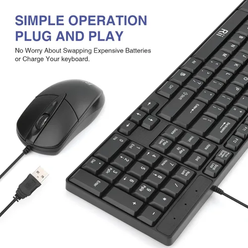 Vista 2 de Rii RK203 - Juego combinado de teclado y teclado básico con cable USB de tamaño ultra completo con teclado con teclado numérico para computadora