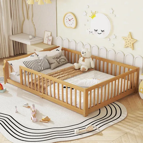Vista 19 de Cama Montessori de tamaño matrimonial con tablillas, puerta y valla, cama Gris