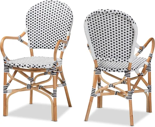 Vista 3 de Bali & pari Naila - Juego de 2 sillas estilo bistró para interiores y exteriores con tejido clásico francés en blanco y negro y ratán natural