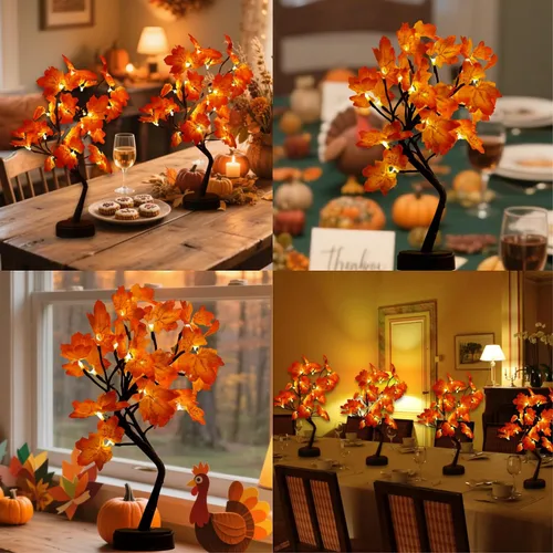 Vista 4 de Árbol de arce artificial iluminado de otoño, 24 luces LED, decoraciones de Acción de Gracias, funciona con batería/USB, árbol pequeño preiluminado