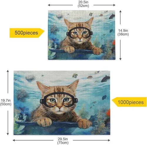 Vista 5 de Cat Fish Jigsaw Puzzles 500 Pieces for Adults with Mesh Storage Bag 2011279