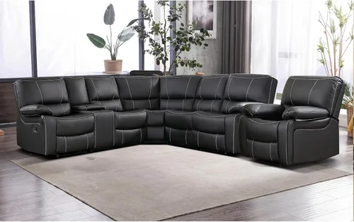 Vista 10 de EBELLO - Juego de sofá modular reclinable manual para sala de estar, sofá modular reclinable de piel sintética suave con consola central, portavasos