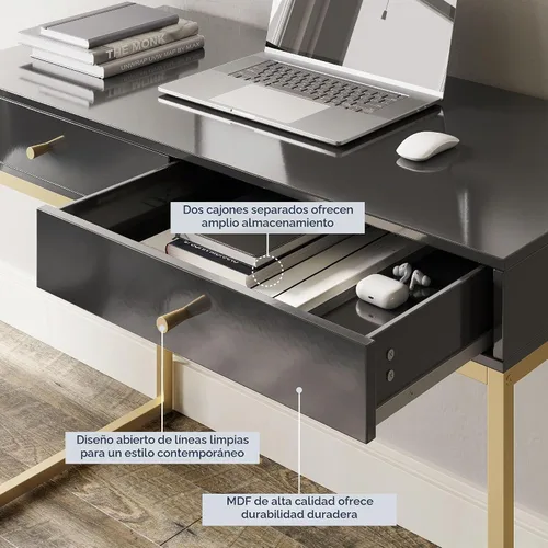 Vista 5 de BELLEZE moderna mesa de tocador, mesa de maquillaje o escritorio para oficina en casa, computadora, portátil, para escribir, con dos cajones de Negro