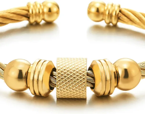 Vista 3 de Brazalete de acero trenzado para hombres y mujeres con abalorios de cuentas, pulido ajustable Color del metal: oro