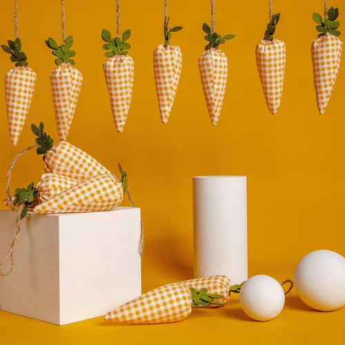 Vista 4 de 16 adornos colgantes de zanahoria de Pascua, patrón de estampado a cuadros, mini zanahoria artificial, adornos colgantes para fiesta de Pascua