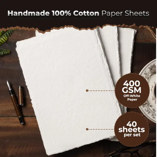 Vista 2 de Papel vintage de algodón egipcio, 400 GSM, 40 hojas, borde deckled, texturizado para dibujar y dibujar