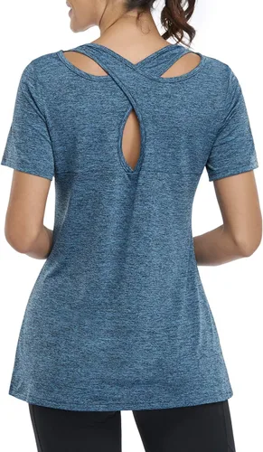 Vista 3 de Kimmery - Blusa de yoga para mujer, manga corta, cuello redondo, espalda cruzada