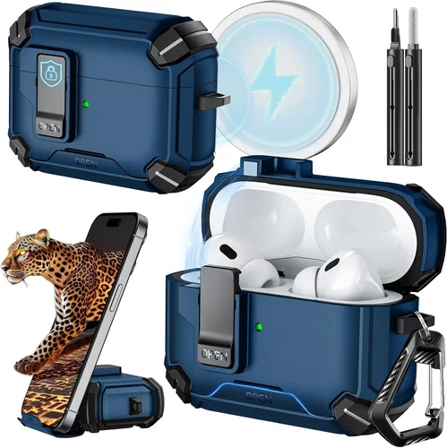 Vista 48 de Inesore Funda para AirPods Pro 1ª/2ª con bloqueo seguro (verde oscuro) Cubierta magnética de bloqueo automático con soporte para teléfono y kit