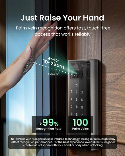 Vista 3 de DESLOC Smart Lock K140 Plus con reconocimiento de vena de palma, cerradura de puerta de entrada sin llave con cerrojo de teclado, control