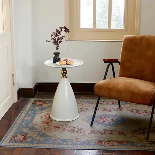 Vista 8 de Mesa auxiliar redonda pequeña para espacios pequeños, mesa auxiliar moderna con pedestal blanco para sala de estar, mesa de bebidas con acento