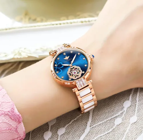 Vista 2 de OUPINKE Relojes automáticos para mujer, con diamantes elegantes, de vestir, de esqueleto, mecánico, cuerda automática, impermeable, luminoso
