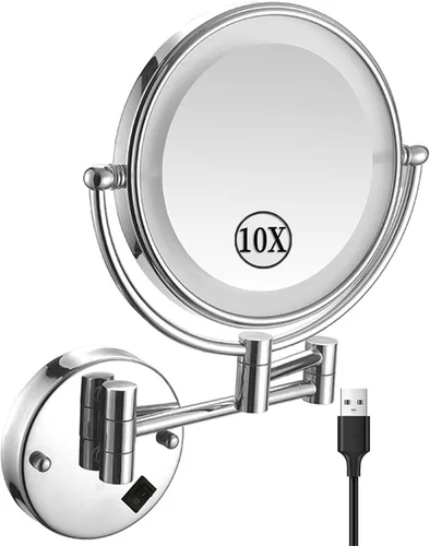 Vista 22 de KEYQEEN Espejo de maquillaje LED con luces, espejo de aumento de doble cara 1X/10X, espejo de aumento negro cableado montado en la pared giratorio
