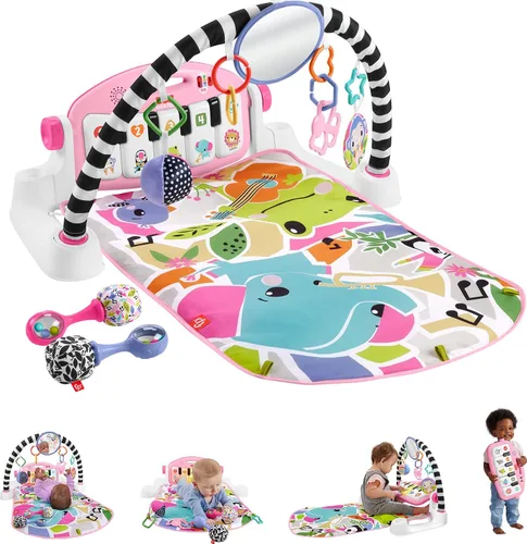 Vista 7 de Gimnasio de piano Fisher-Price Baby Playmat Deluxe Kick & Play para el aprendizaje y 2 maracas de cascabeles suaves para jugar desde recién nacido