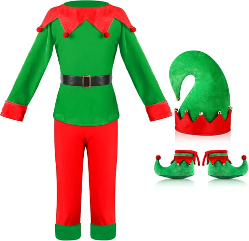 Vista 2 de Hicarer Man Adult Christmas Elf Costume Set for Santa's Helper Dress up Outfit with Elf Hat Shoes Belt