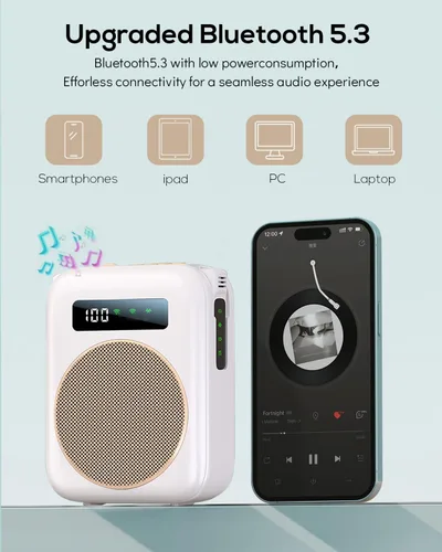 Vista 4 de Micrófono inalámbrico con amplificador de voz, amplificador de voz portátil de 2000 mAh, altavoz Bluetooth recargable con 2 micrófonos de solapa