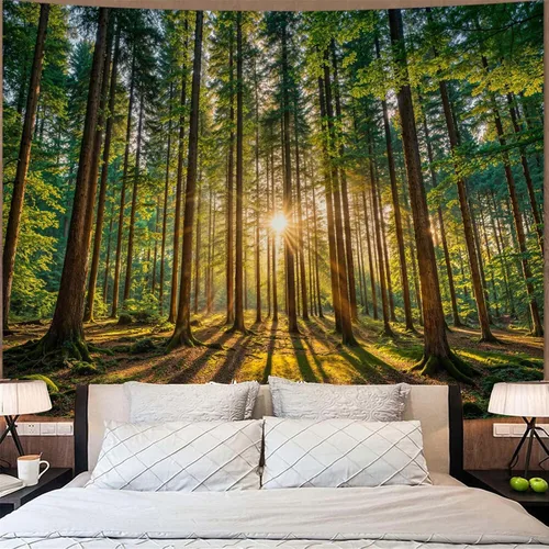 Vista 52 de Zussun Tapiz de Bosque Natural de Montaña Tapiz Verde de Pino Luz Solar Selva para Dormitorio Estético Planta Paisaje de Montaña Tapices Pequeños