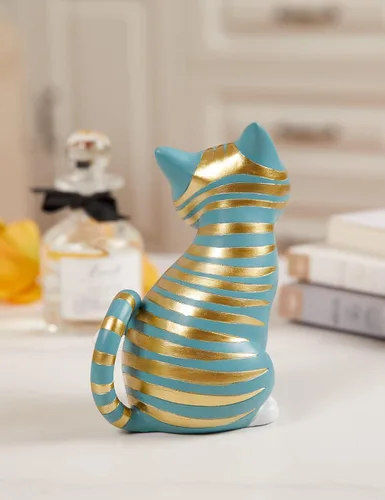 Vista 4 de SEINHIJO Estatua de gato, escultura de animal, decoración moderna, arte de regalo para el hogar, dormitorio, sala de estar, poliresina, azul, 6.0