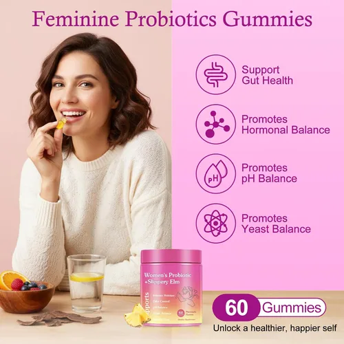 Vista 2 de Gomitas de probióticos femeninos jugosos, probióticos de equilibrio femenino prémium con olmo resbaladizo, probióticos para mujeres, apoya