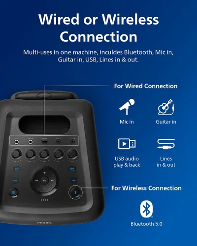 Vista 7 de [Usado] Altavoz de fiesta Bluetooth Philips X5206, portátil con ruedas, emocionante show de luces, máquina de karaoke con micrófono y entrada